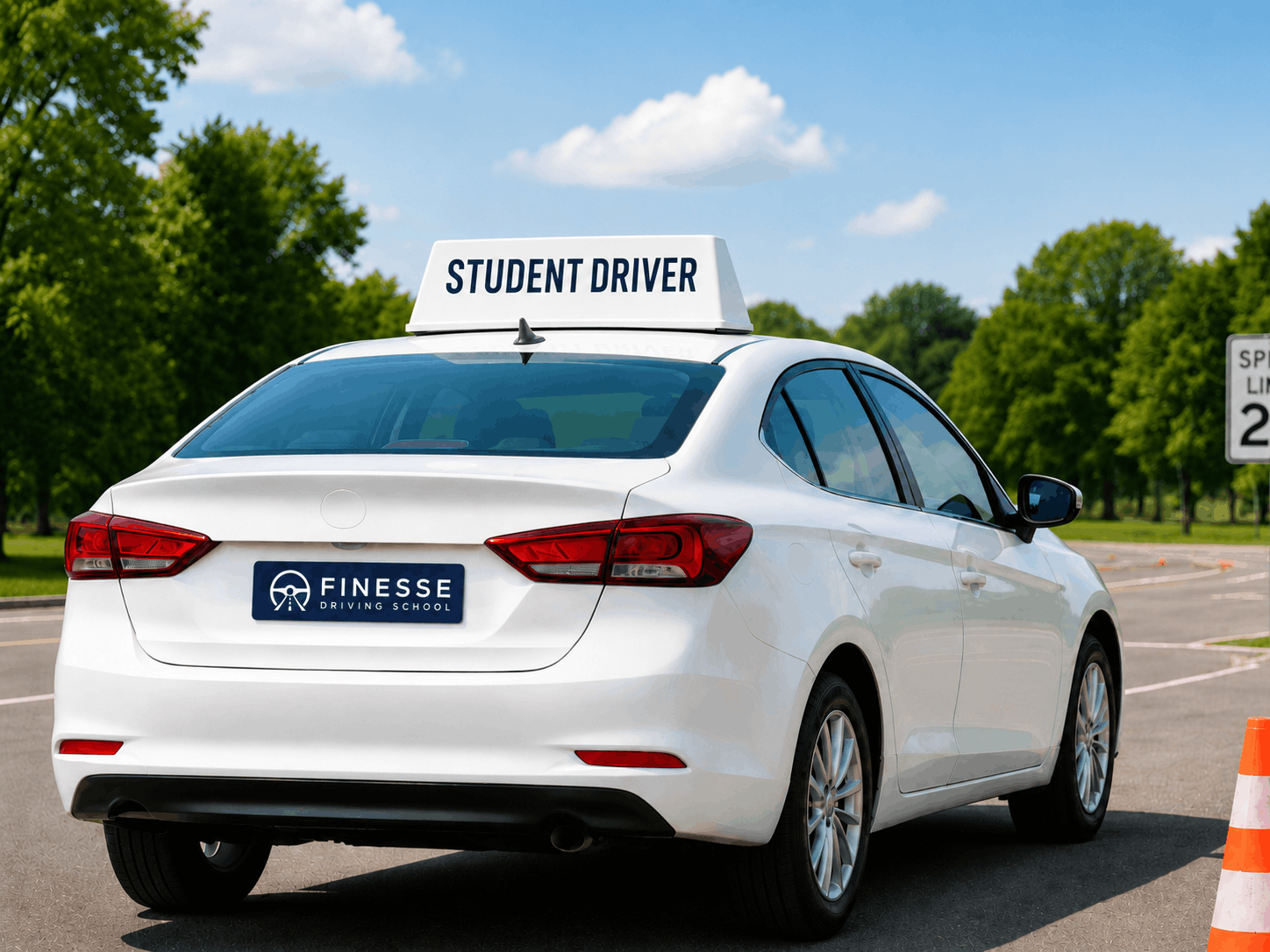 Friendly licensed driving instructor standing beside a clean training vehicle