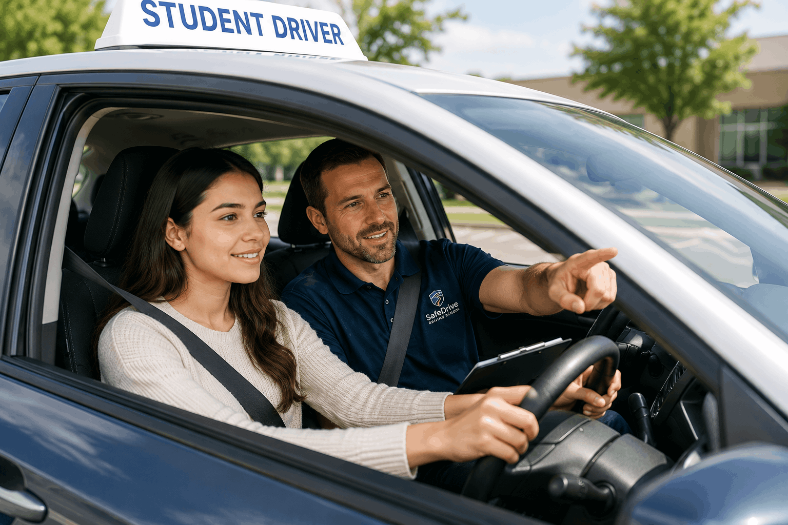 Driving instructor calmly guiding a student in the driver seat during a lesson
